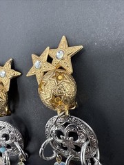 Kirks Folly Signed Silver Gold Tone Dangle Stars Moon Crystal Earrings C81
