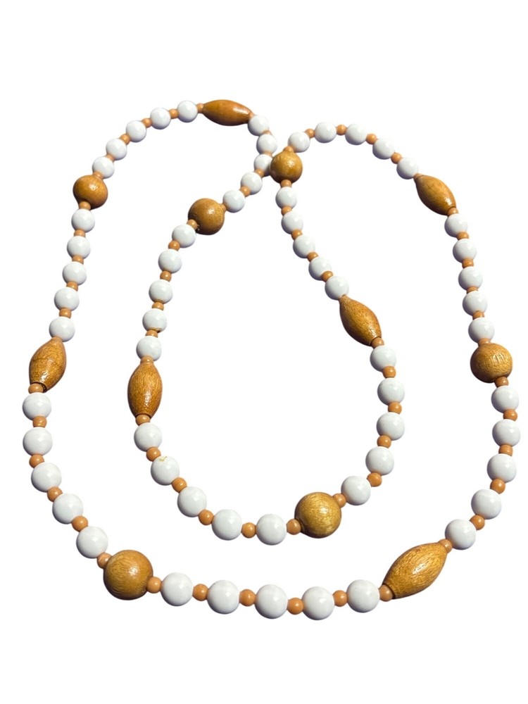 Vintage Artisan Beaded Necklace White Plastic Brown Wooden Beads No Clasp 33 in