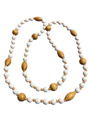 Vintage Artisan Beaded Necklace White Plastic Brown Wooden Beads No Clasp 33 in