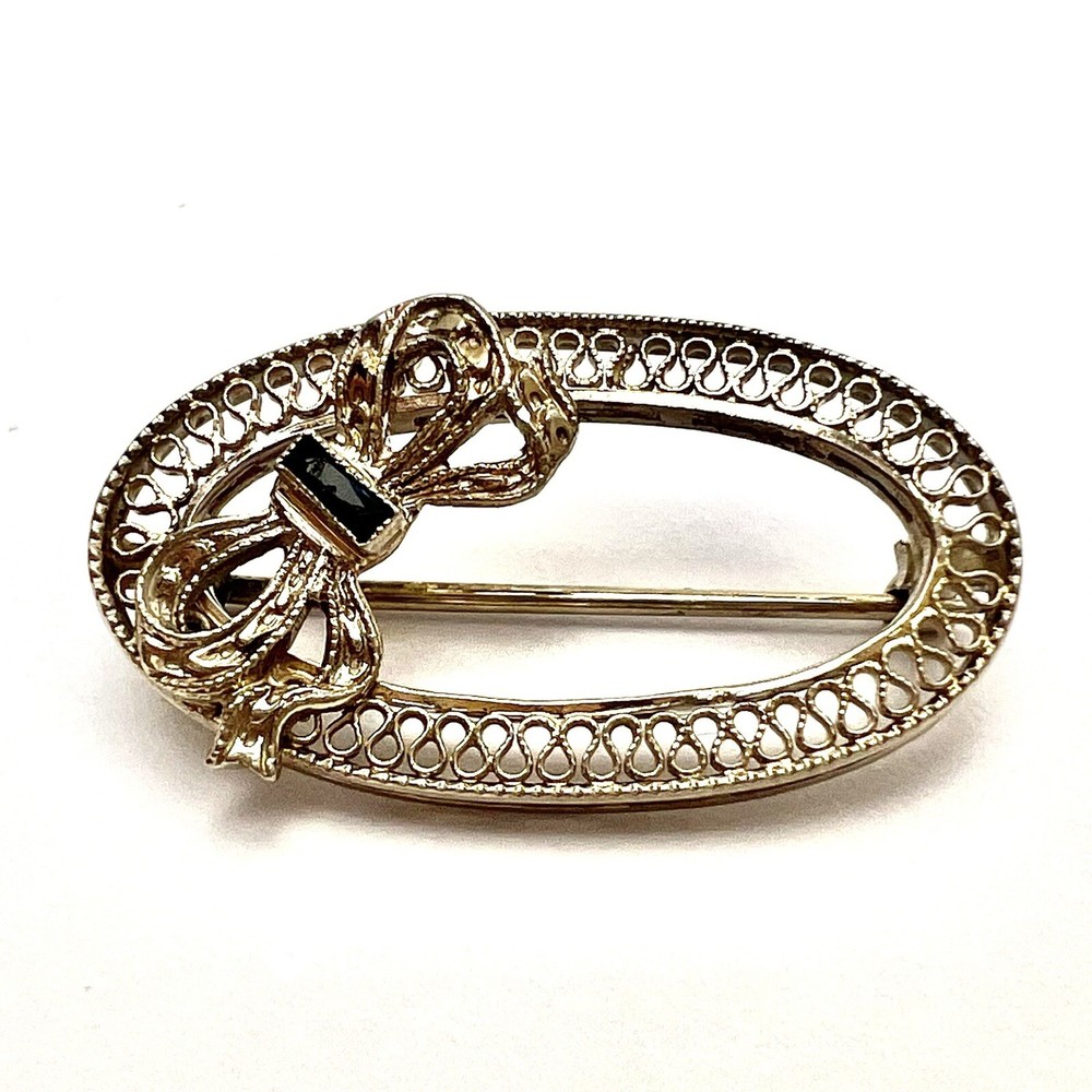 Vintage 14K Solid White Gold Sapphire Bow Filigree Pin Brooch 1” 2.03 Grams
