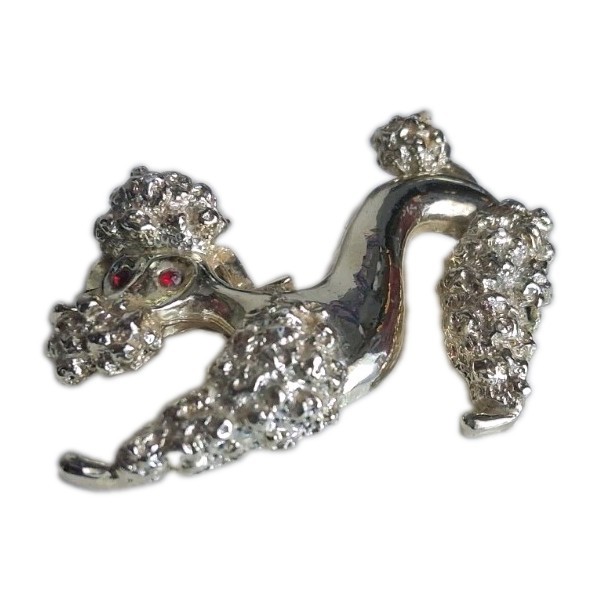 Signed Silver Toned Vintage French Poodle Dog Red Rhinestone Eyes Brooch Pin 2″
