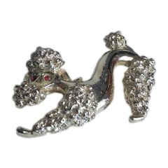 Signed Silver Toned Vintage French Poodle Dog Red Rhinestone Eyes Brooch Pin 2″