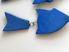 VTG Dangle Fish Earrings Hand-Painted Wood Silver-tone Metal Tropical Blue 3”L