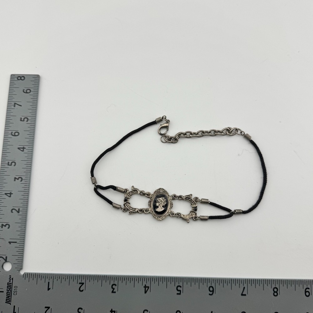 Vintage Black Cord Silver Tone Cameo Choker Necklace Adjustable 12-15 Inch