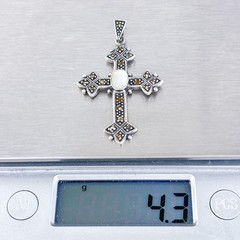 AS IS Vintage Sterling Silver 925 4.5cm Marcasite Mother of Pearl Cross Pendant