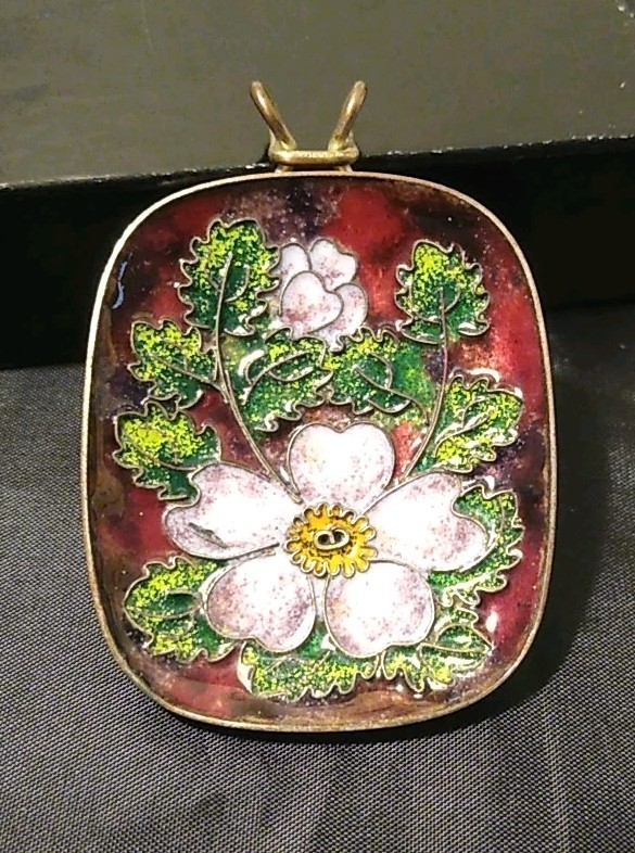 Vtg Signed GERTUDE Fries Arauner Augsburg Cloisonné Enamel 2″ Floral Pendant(402