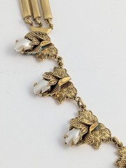 Vtg Estate Brass Genuine Pearl Flower Leaf Link Necklace 15.5″ 3D