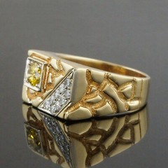 Solid 14K Gold, .65Ct Fancy Yellow Irradiated Diamond & White Diamond Man’s Ring