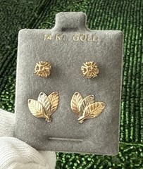 Lot x 2 Pairs VTG 14K Solid Yellow & Multi Color Gold Stud Earrings