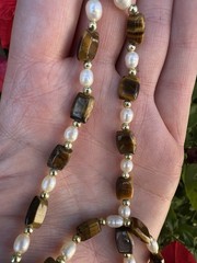 Tiger’s Eye Square Beaded Strand w/ White Pearl Beads, Gold Spacers Set
