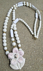 VTG Pink Flower Necklace Japan Double Strand White Plastic Bead & Gold Spacers