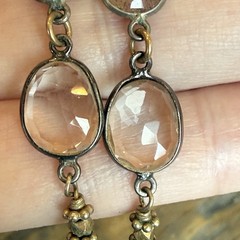VINTAGE FACETED MOONSTONE RUTILATED & CLEAR QUARTZ LONG DROP DANGLE EARRINGS