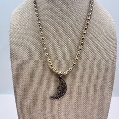 Vintage Y2K Silver Tone Crescent Moon Pendant Beaded Natural Fiber Cord Jewelry