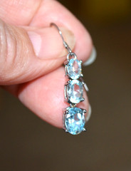 Silver Tone Pierced Wire Hook Earrings 1.5″ Blue Aquamarine Stones