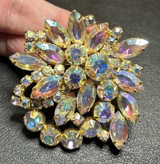 Antique VTG Aurora Borealis Rhinestone Big Brooch Pin Gold T