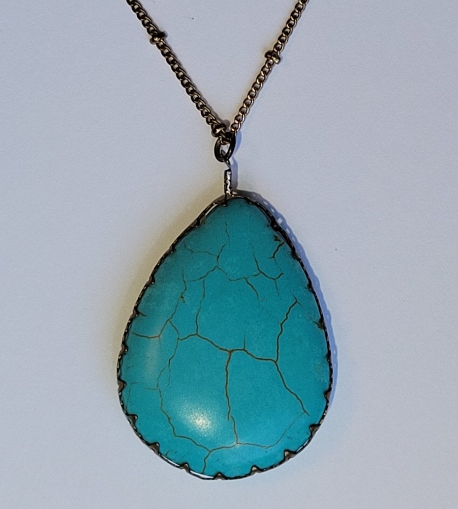 Western Teardrop Shaped Turquoise Blue Howlite Pendant With 36in Brass Necklace
