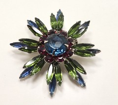 VINTAGE NAVETTE BLUE, GREEN AND PURPLE RHINESTONES FLOWER BROOCH