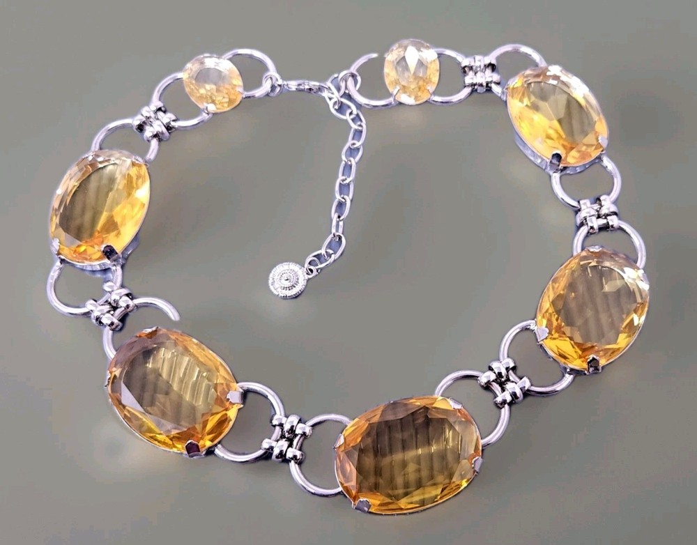 Vtg RJ Graziano Citrine Yellow Crystal Silver tone Couture Choker Necklace 20″
