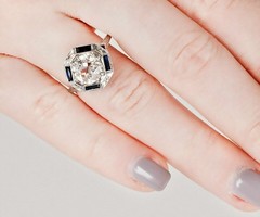 14K White Gold Over Lab Created Diamond 2CT Art Deco Sapphire Halo Vintage Ring