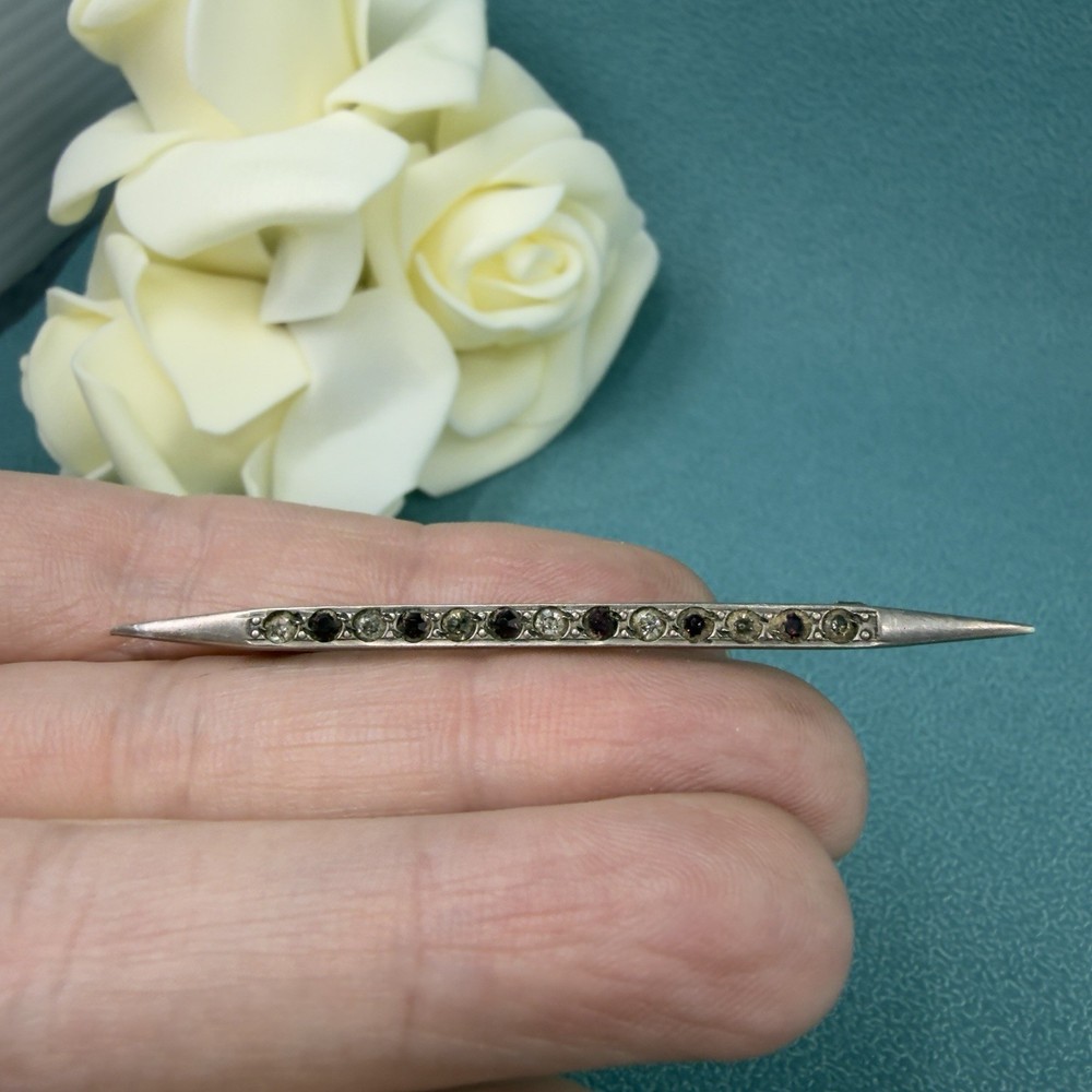 Antique ART DECO Edwardian STERLING TOP Amethyst Rhinestone Paste Bar Pin Brooch