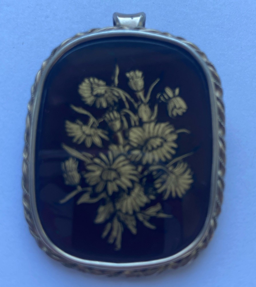 Vintage 800 European Silver Hand Painted Floral Brooch, Pendant, Signed Rk