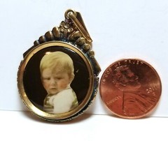 Cute little blond boy, photo pendant, c. 1920s celluloid, hand colored/tinted 2