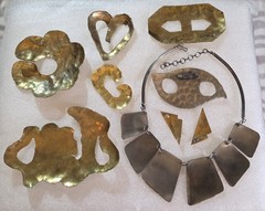 Vintage signed Shirlry Hand Wrought Brass Copper Buckle Brooch more Jewelry Lot