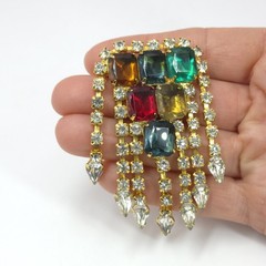 Vintage Color Block Large Rhinestone Chandelier Dangle Brooch Gold Tear Drop