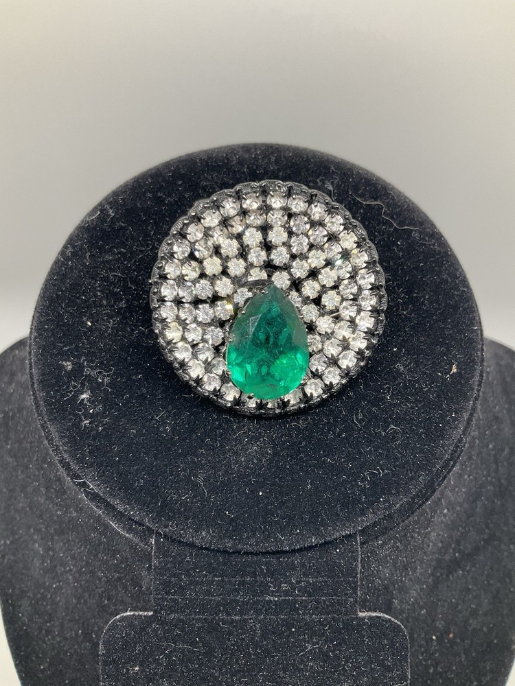 Vtg Made In Austria Green Crystal Rhinestone Round Statement Brooch Pin 1.5”