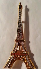 Rhinestone Eiffel Tower Pin with Goldtone Metal Settings about 3.5 inches long