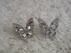 Silvertone Rhinestone Butterfly Pierced Earrings (F6)