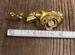 Vintage Gold Tone Rose Shaped Plated Brooch Pin Rhinestone Center Pronged 2”