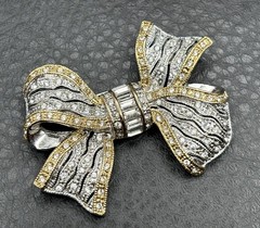 Vintage 90s Gold Tone Silver Tone Rhinestone Bow Brooch Pin Art Deco Revival