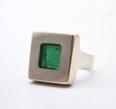 Dinosaur Designs Modernist 925 Sterling Silver Squared Green Glass Ring Size 6.5