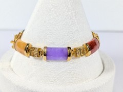 Vtg Six Color Jade w/ Six Chinese Lucky Characters Gold Plated Bracelet 7.5″