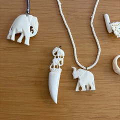 VTG White Carved Elephant Jewelry Lot Necklace Ring Pendant Cufflinks Keychain