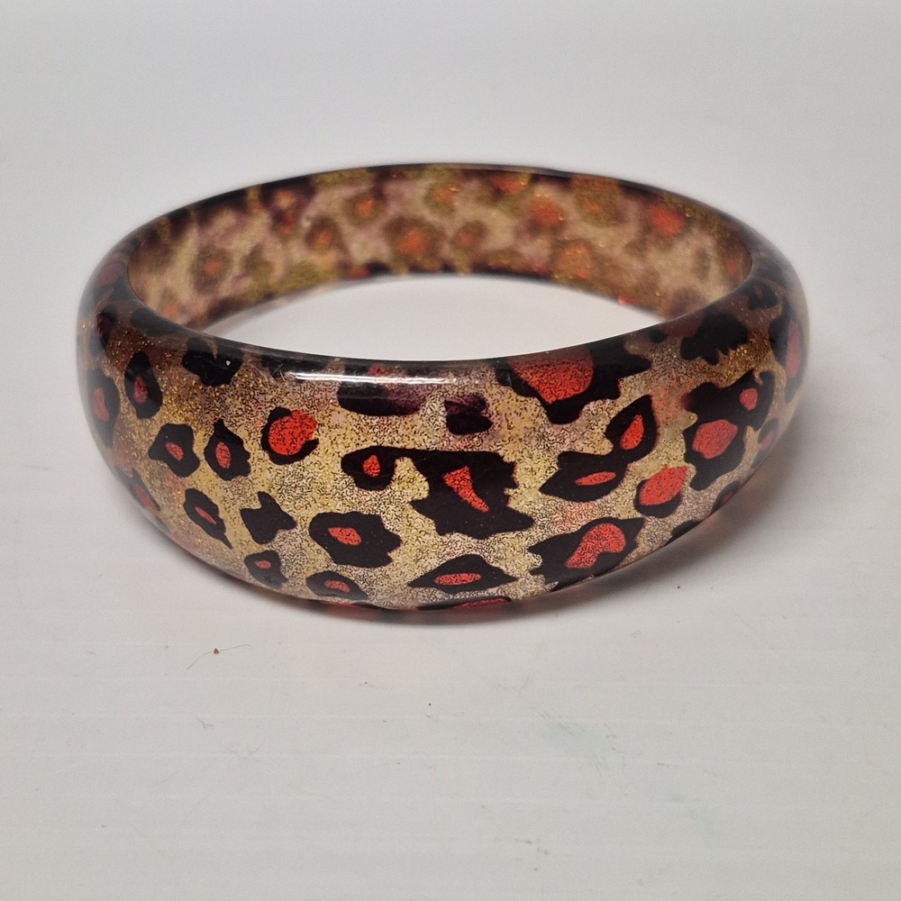 Vtg Chunky Acrylic Lucite Animal Print Glitter Bracelet Asymmetrical Statement
