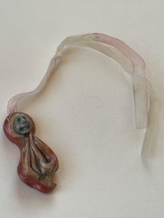 Handmade Green & Iridescent Coral Polymer Clay Mystical Face Pendant w Silk Ribb