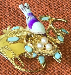 Vintage MINT Swoboda Bird On Nest Brooch W/Eggs Turquoise and Pearls Pin NOS Tag