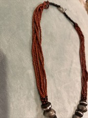 Vintage Handmade Statement Tribal Necklace with Wood, Metal & Red Beads 18”