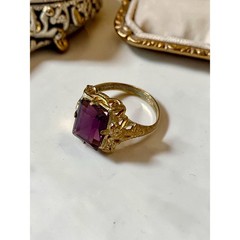 Vintage Uncas Glass Ring Gold Plated Brass Mounted w Glass Stone Filigree