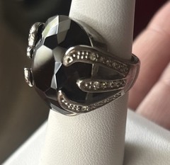 VTG Large Round Onyx Faceted Glass Gorgeous Stone With Rhinestone Accents 5.75