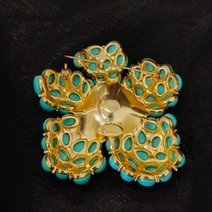 Vintage Trifari Turquoise Flower Brooch & Earrings Set Gold Tone VTG