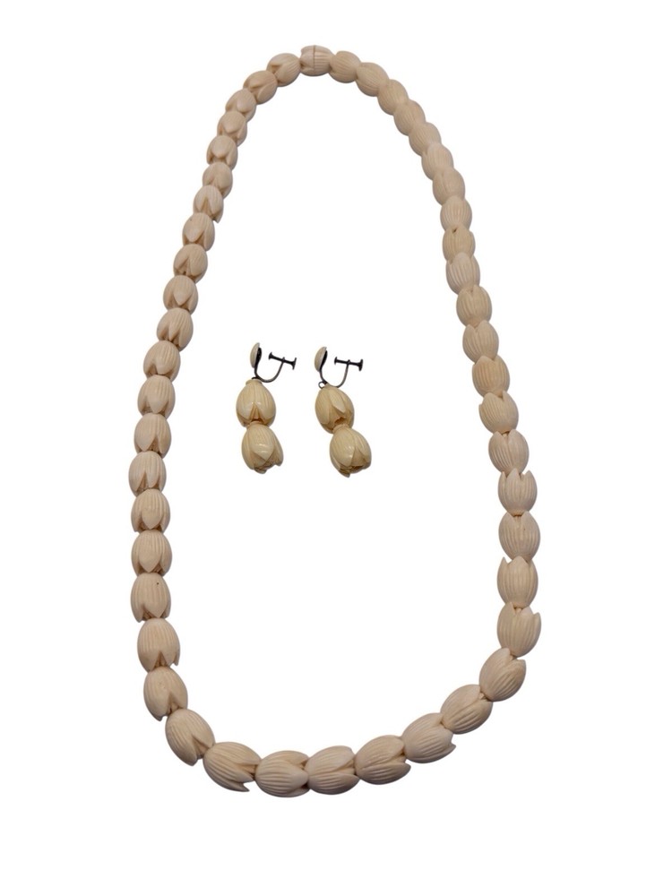 Vintage Hawaiian Ming Style Pikake Jasmine Beaded Necklace 26” Earring Set WB3