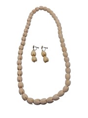 Vintage Hawaiian Ming Style Pikake Jasmine Beaded Necklace 26” Earring Set WB3
