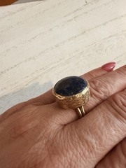 Vintage Artisan Lapis Lazuli Cabochon Brass Tone Adjustable Ring Sz 8.5