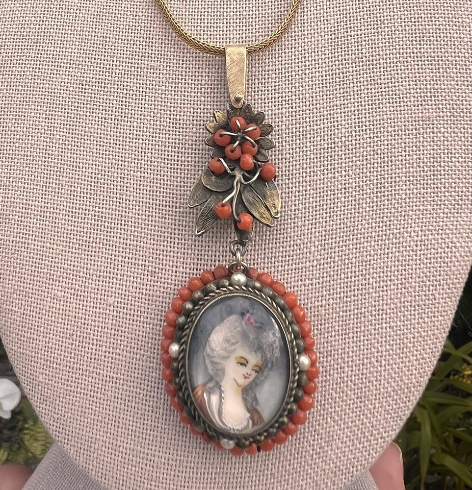 Antique Yellow Gold + Silver Coral Seed Pearls Hand Painted Portrait Pendant