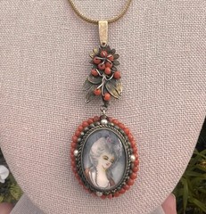 Antique Yellow Gold + Silver Coral Seed Pearls Hand Painted Portrait Pendant