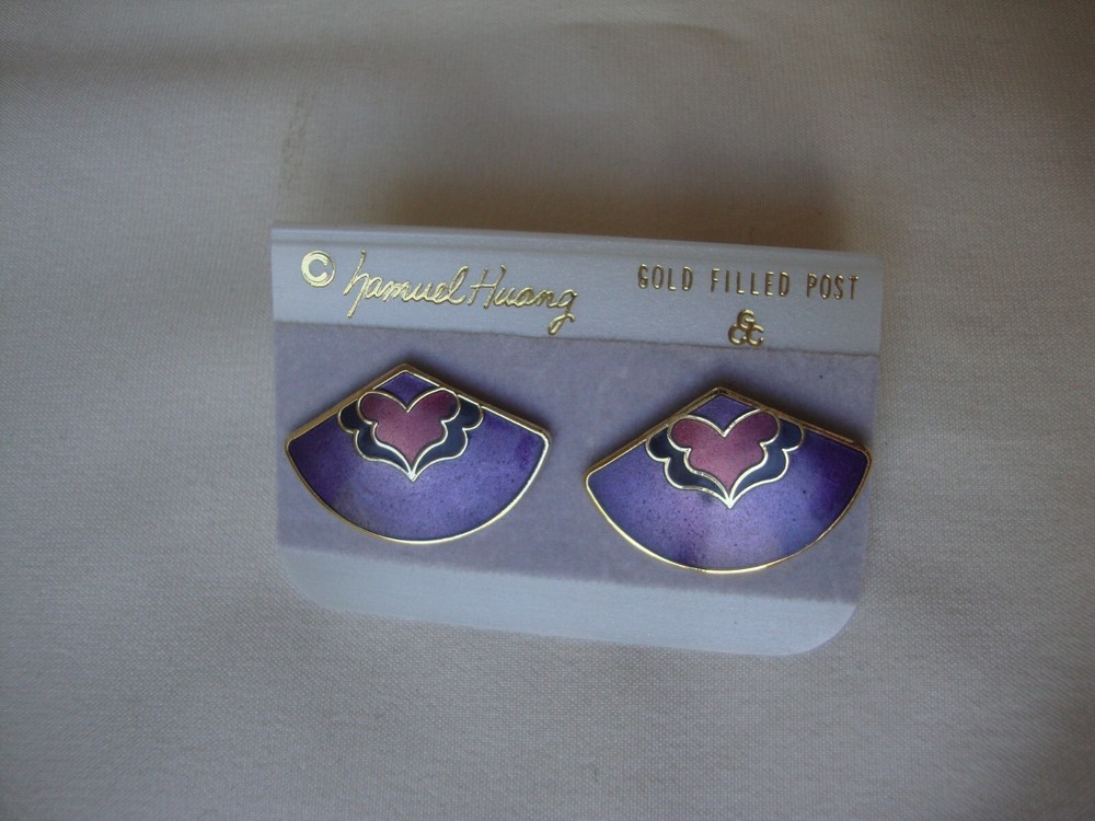 VINTAGE SAMUEL HUANG CLOISONNE RETRO ABSTRACT FAN RED BLACK & PURPLE EARRINGS