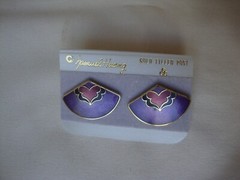 VINTAGE SAMUEL HUANG CLOISONNE RETRO ABSTRACT FAN RED BLACK & PURPLE EARRINGS